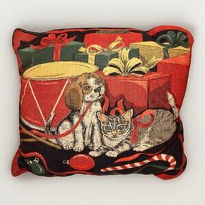 Vintage Christmas Tapestry Pillow Dogs Cats Presents Drum Holiday Decor 15”